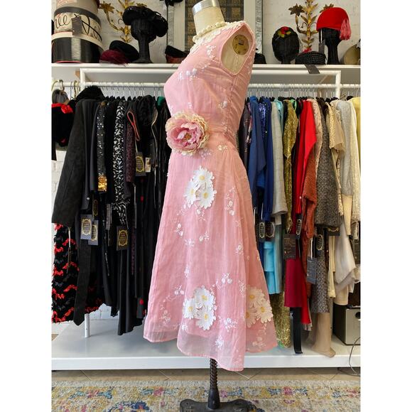 Vintage style pink organza dress applique daisies easter spring wedding s/m 28 - Picture 8 of 12